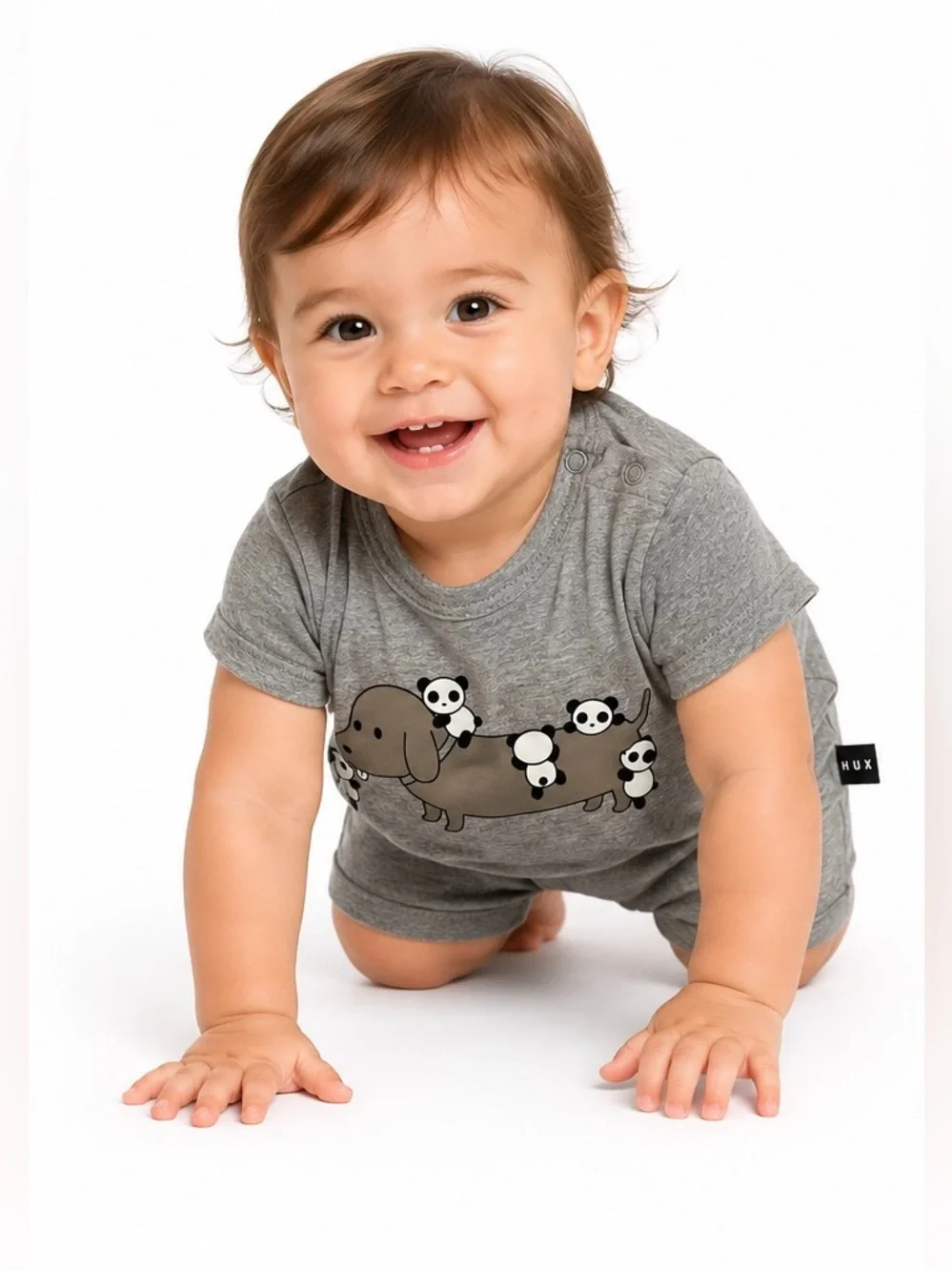 Huxbaby unisex Graphic Dog and Panda Grey Short Sleeve Shortie